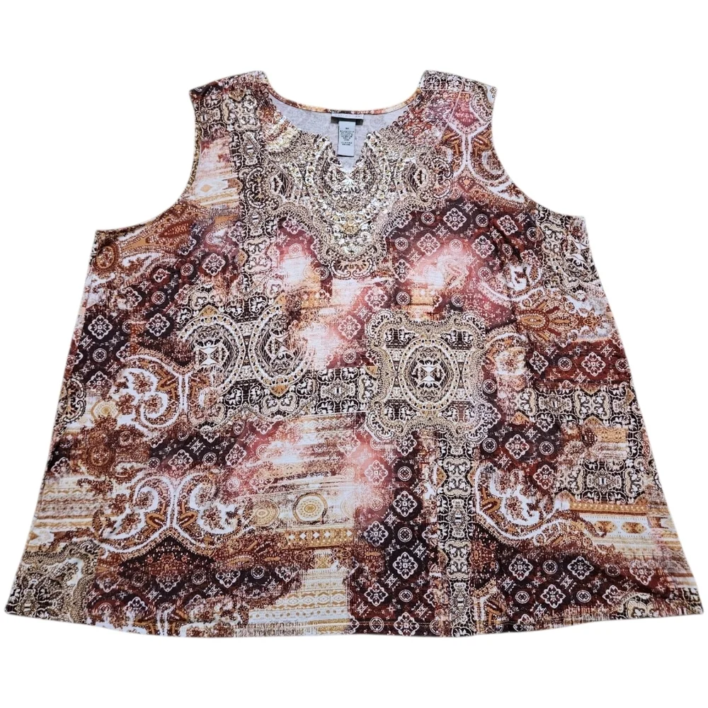 Catherines 3X Sleeveless Embellished Top Boho Baroque Paisley Gold Rhinestone - Picture 5 of 11